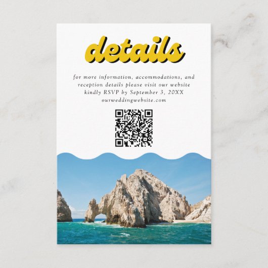 Retro gele Cabo bruiloft details QR-code Informatiekaartje (Voorkant)