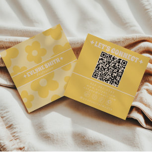 Retro Gele Crème QR Code Groovy Bloemige Trendy Vierkante Visitekaartje