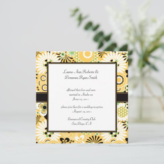 Retro Gele Groene Bruine Bloemen Trouwfeest Kaart (Staand voorkant)