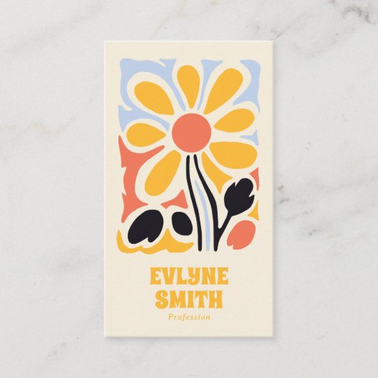 Retro gele hand getekend Groovy bloementrendy Visitekaartje (Voorkant)