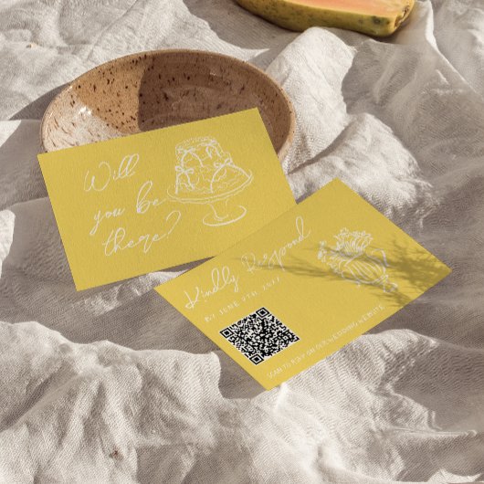 Retro Gele Hand Getekende Bloemencode QR Code Huwe RSVP Kaartje