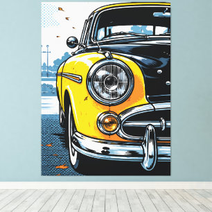 Retro Gele Klassieke Auto Voorkant Pop Art Canvas Afdruk