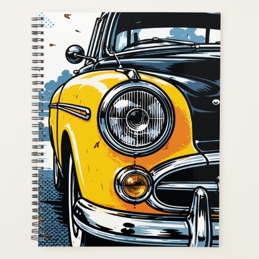 Retro Gele Klassieke Auto Voorkant Pop Art Planner (Voorkant)