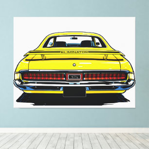 Retro Gele Muscle Car Achter Pop Art Illustratie Canvas Afdruk