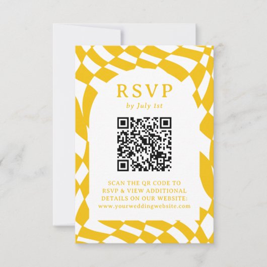 Retro Gele Schaakbord QR Code Trouwen RSVP Kaartje (Voorkant)