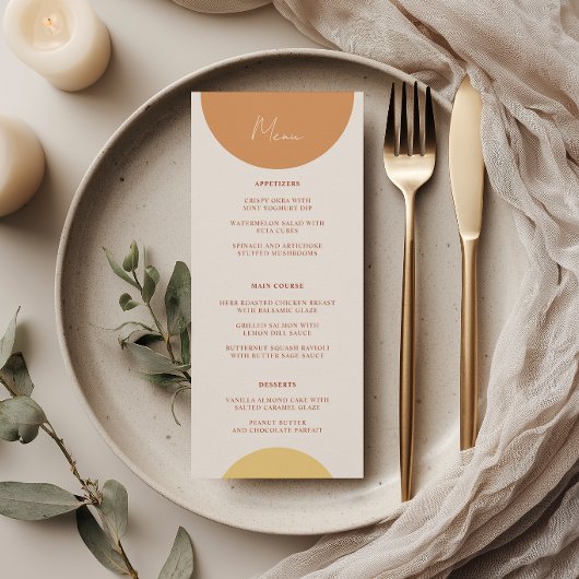 Retro Gele Terracotta Bogen Boho Trouwdiner Menu