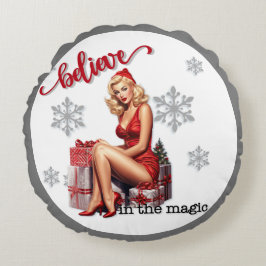 Retro Geloof in Magic Christmas Pinup Rond Kussen