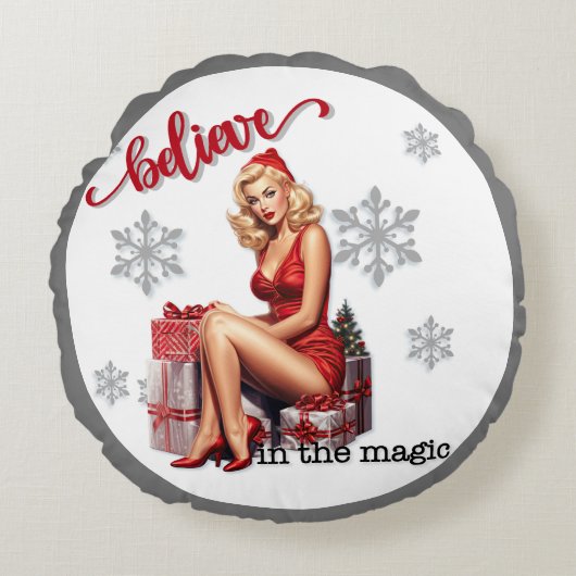 Retro Geloof in Magic Christmas Pinup Rond Kussen (Voorkant)