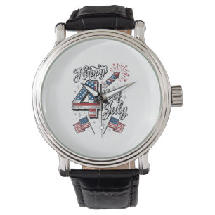 Retro Gelukkig 4 juli Patriottisch Vuurwerk Shirt Horloge
