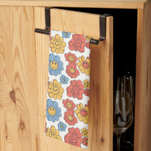 Retro Gelukkig Gezicht Bloemen Theedoek