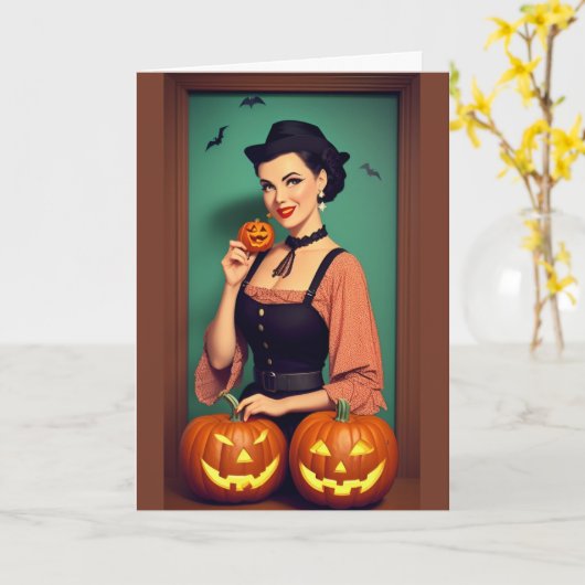 Retro Gelukkig Halloween Dames met Pompoenen Kaart (Gele Bloem)