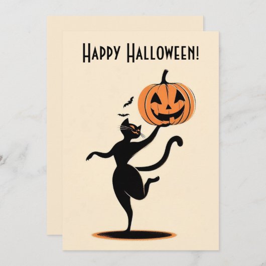 Retro Gelukkig Halloween Dansende Zwarte Kat Pompo Feestdagenkaart (Voorkant / Achterkant)