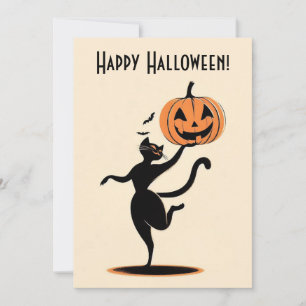 Retro Gelukkig Halloween Dansende Zwarte Kat Pompo Feestdagenkaart
