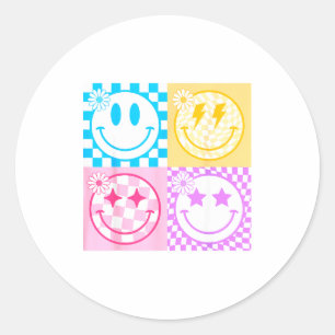 Retro Gelukkig Lachend Gezicht Geruit Patroon Sfee Ronde Sticker