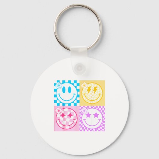 Retro Gelukkig Lachend Gezicht Geruit Patroon Vibe Sleutelhanger (Voorkant)