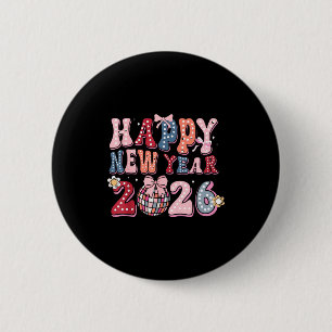Retro Gelukkig Nieuwjaar 2026 Coquette Strik Disco Ronde Button 5,7 Cm