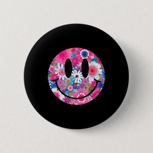 Retro Gelukkige Bloemen Lachend Gezicht Groovy Boh Ronde Button 5,7 Cm