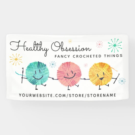 Retro gelukkige garenballen gehaakte haken ambacht spandoek (Horizontaal)