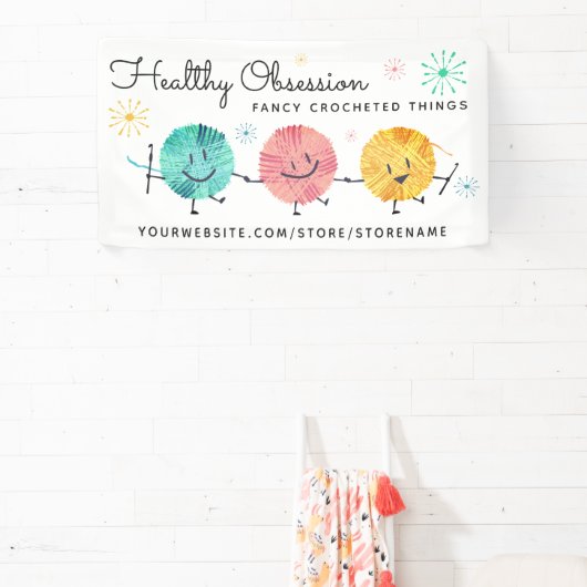 Retro gelukkige garenballen gehaakte haken ambacht spandoek (Insitu)