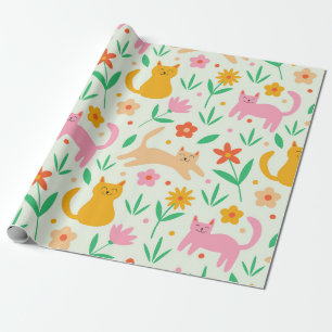 Retro gelukkige katten met oranje rode en perzik b cadeaupapier