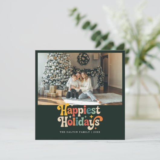 Retro Gelukkigste Feestdagen Familie Kerstfoto Feestdagenkaart (Staand voorkant)