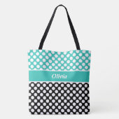 Retro genaamd Turquoise, Black & White Polka Dot Tote Bag (Achterkant)
