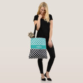 Retro genaamd Turquoise, Black & White Polka Dot Tote Bag (Op model)