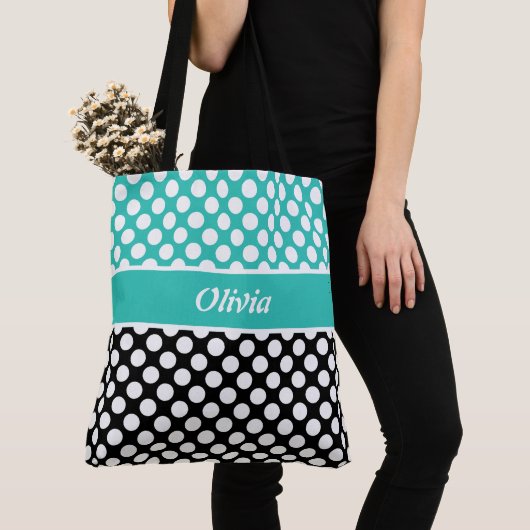 Retro genaamd Turquoise, Black & White Polka Dot Tote Bag (Dichtbij)
