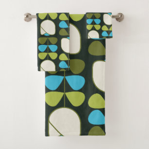 Retro Geo Floral Patroon 1 in Groen, Blauw, Cream Bad Handdoek