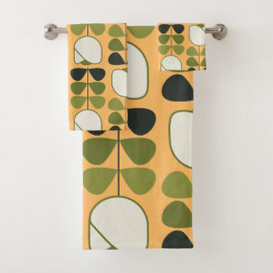 Retro Geo Floral Patroon 1 in Oranje, Groen, Cream Bad Handdoek