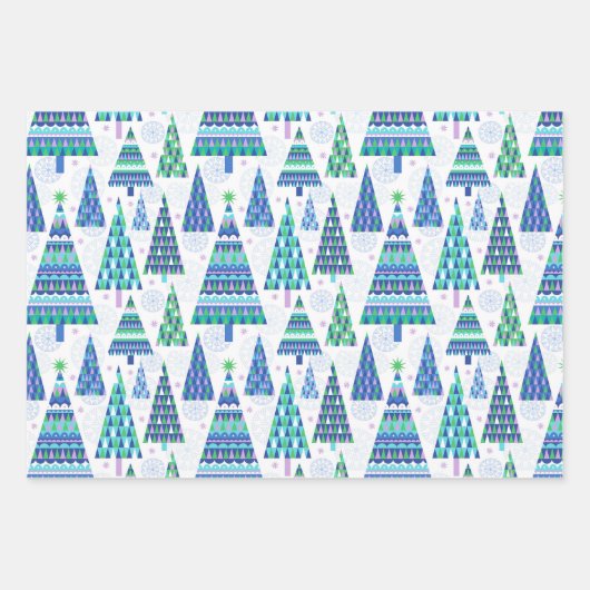 Retro Geo Scandi Kerstbomen Blauw & Groen Inpakpapier Vel (Voorkant)