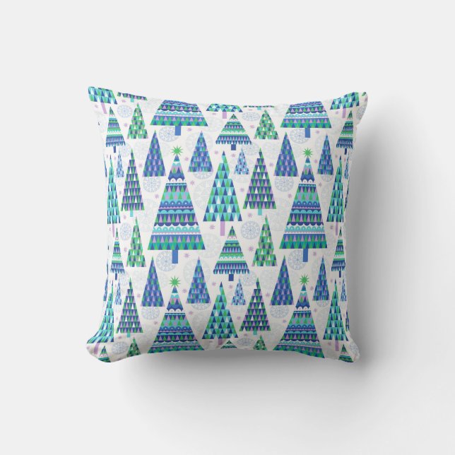 Retro Geo Scandi Kerstbomen Blauw & Groen Kussen (Voorkant)