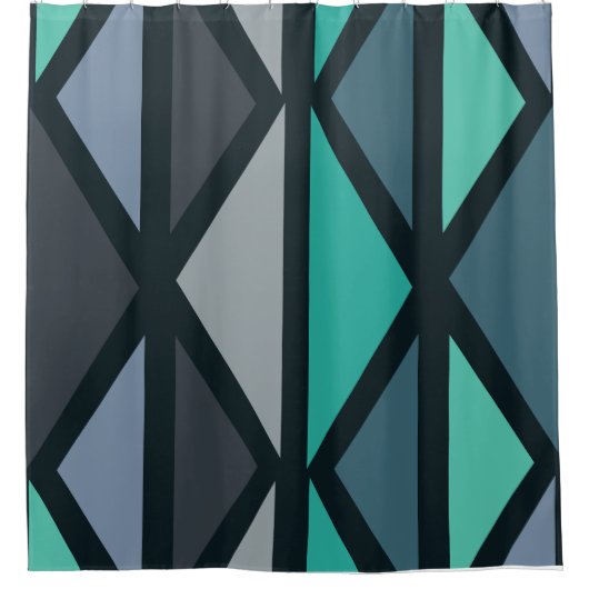 Retro Geometric Art Driehoeken Zwart Blauwgroen Douchegordijn (Voorkant)