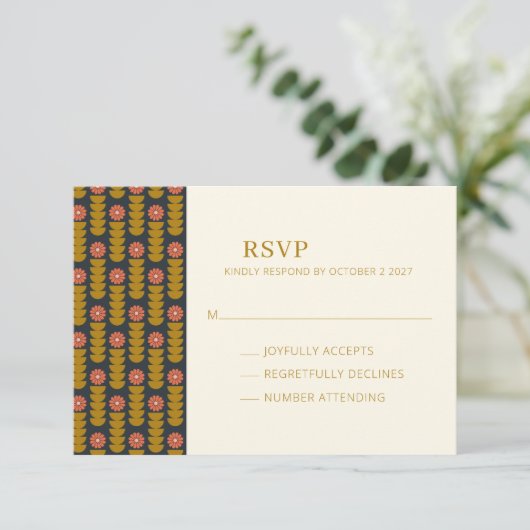 Retro Geometric Botanical Gold Navy Wedding RSVP Kaartje (Staand voorkant)