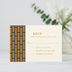 Retro Geometric Botanical Gold Navy Wedding RSVP Kaartje