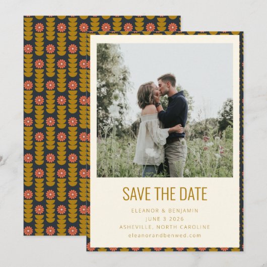 Retro Geometric Botanical Gold Navy Wedding Save The Date (Voorkant / Achterkant)