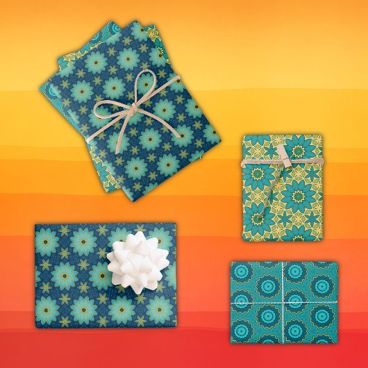 Retro Geometric Flowers Heldergeel Blauw, Blauwgro Inpakpapier Vel