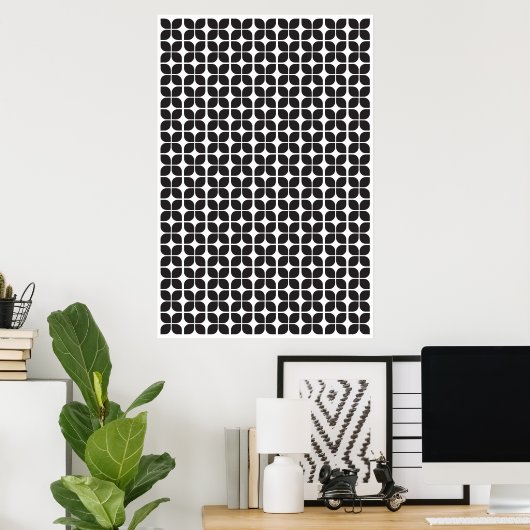 Retro Geometric Leaf Pattern Black Poster (Thuiskantoor)