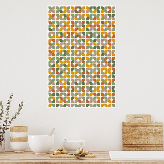 Retro Geometric Leaf Pattern Green Oranje Taupe Poster (Keuken)