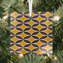 Retro geometric pattern yellow and brown leaf glas ornament