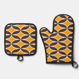Retro geometric pattern yellow and brown leaf ovenwant & pannenlap set