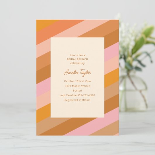 Retro Geometric Pink Orange Stripes Bridal Brunch Kaart (Staand voorkant)