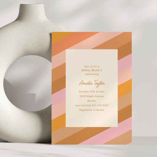 Retro Geometric Pink Orange Stripes Bridal Brunch Kaart