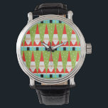 Retro Geometric Santa Leather Watch Horloge<br><div class="desc">Hoe je het ook bekijkt, deze Retro Geometric Santa Leather Watch is puur vakantiewaanzin. Het zijn rijen Santas. Nee, het zijn rijen kerstbomen. Nee, het zijn rijen Santas gevormd als kerstbomen en rijen roomgroene kerstbomen met witte poka stippen. Het is kitschy. Het is kleurrijk. En als je je niet in...</div>