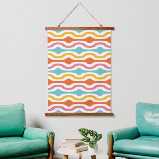 Retro Geometric Waves Oranje Pink Turquoise Yellow Hangend Wandkleed (Woonkamer)