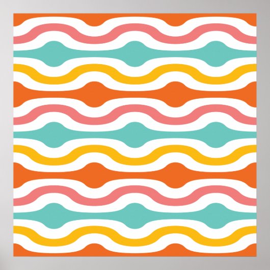 Retro Geometric Waves Oranje Pink Turquoise Yellow Poster (Voorkant)