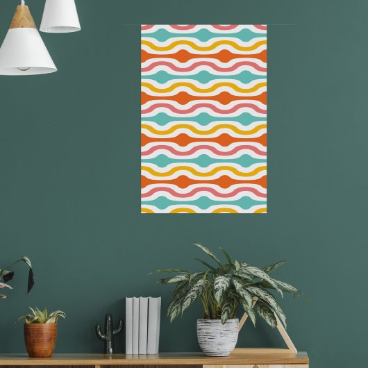 Retro Geometric Waves Oranje Pink Turquoise Yellow Poster (Woonkamer 1)