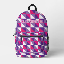 Retro Geometrisch Abstract Roze Paars & Witte Naam Bedrukte Rugzak