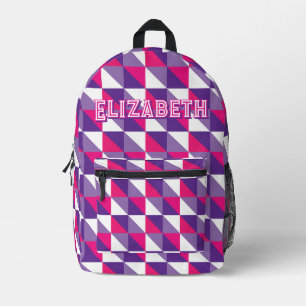 Retro Geometrisch Abstract Roze Paars & Witte Naam Bedrukte Rugzak