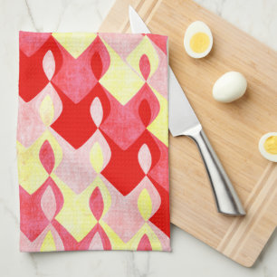 Retro geometrisch diamantpatroon rood, roze en gee theedoek
